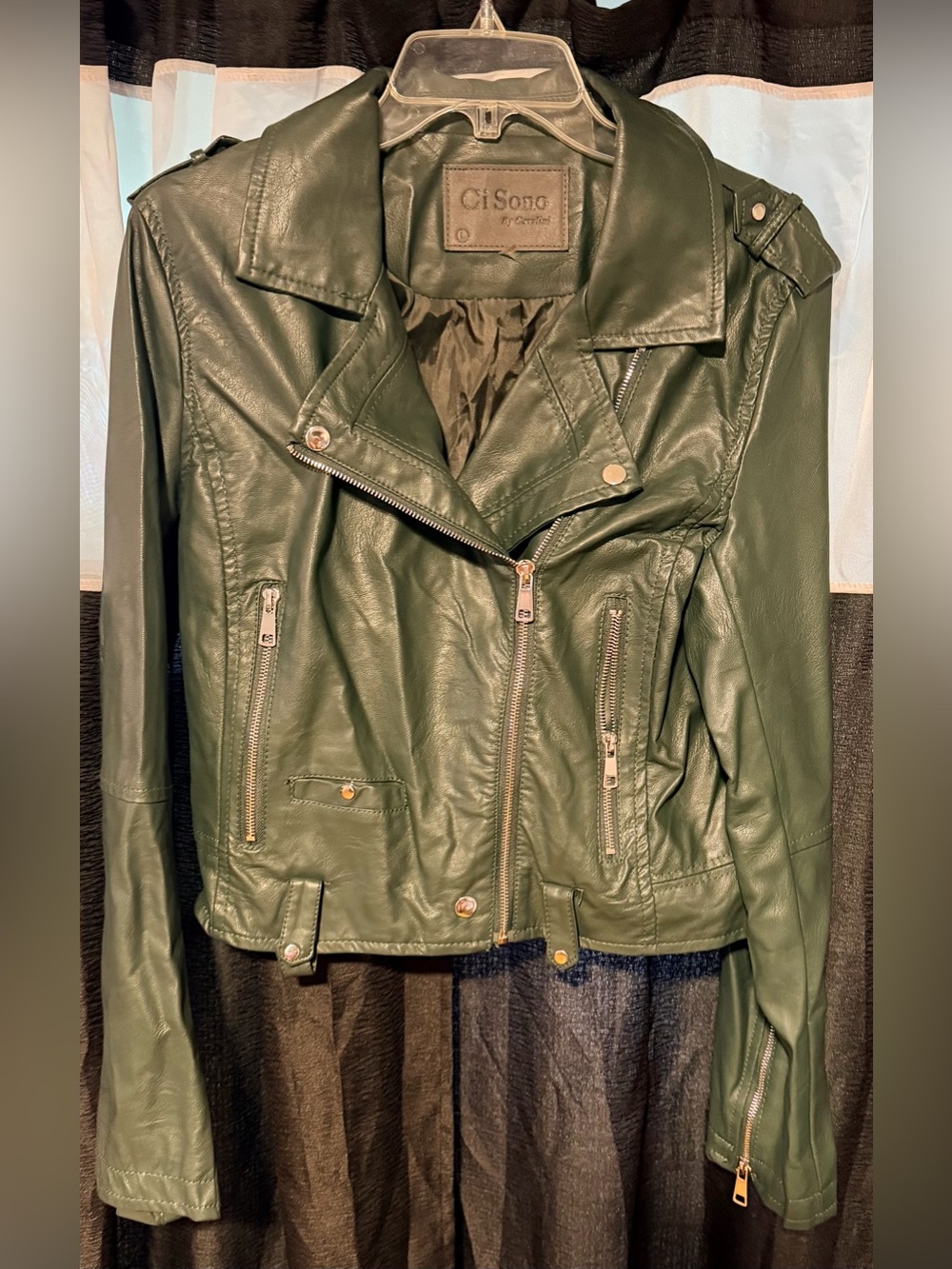 New without Tags Ci Sono Dark Olive Green Faux Leather Moto Jacket